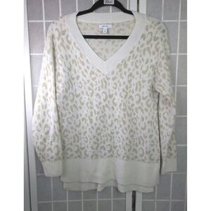 Nine West Women's Sweater Small Ivory Gold Leopard Animal Print‎ V Neck Stretchy